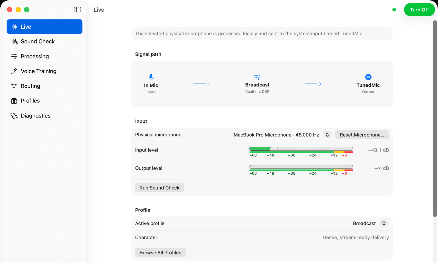 TunedMic's Live screen: your microphone, the active profile and the output level